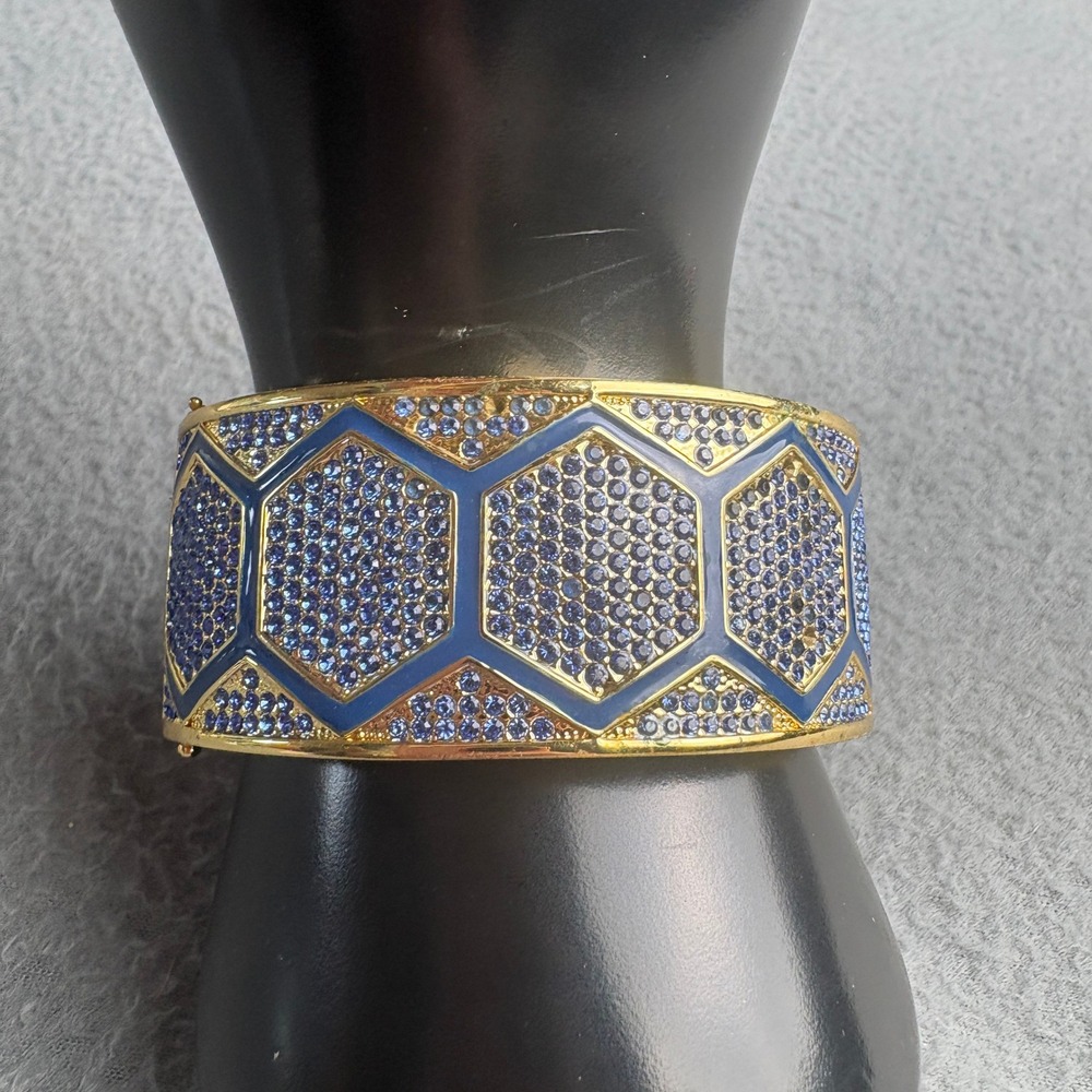 Akkad Gold Tone Blue Enamel Crystal Honeycomb Hinged Cuff Bracelet